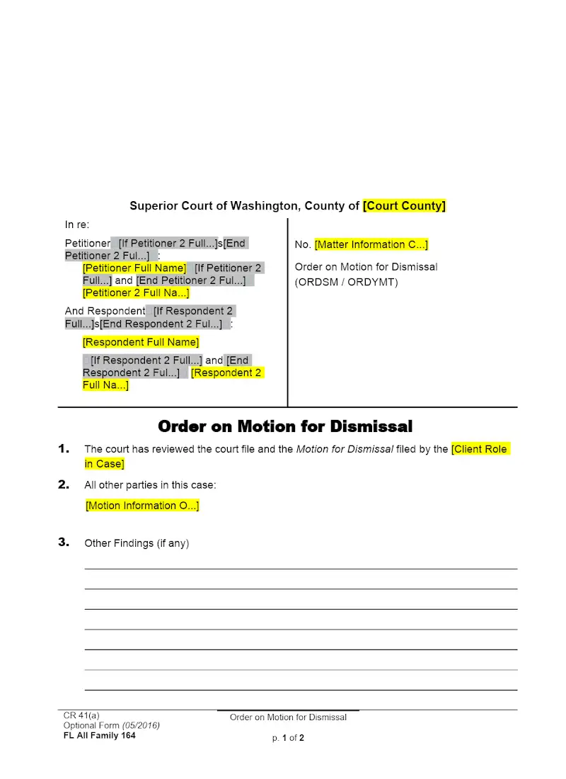 Order on Motion for Dismissal (Form FAM 164)