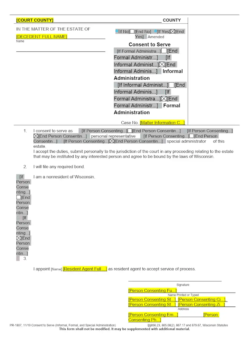 Consent to Serve - Informal, Formal, and Special Administration (PR-1807)