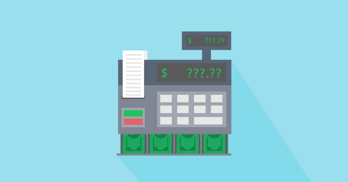 A cash register with question marks where the price would be as a lawyer decides on their law firm pricing