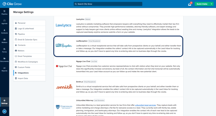 LexReception Clio Grow Integration