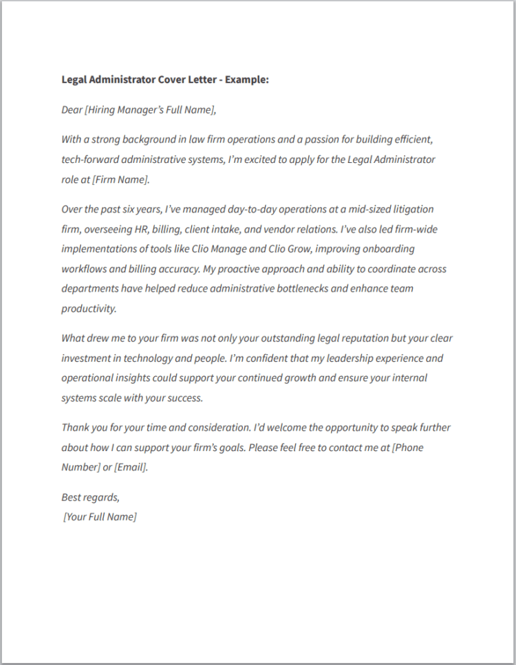 Legal administrator cover letter example template