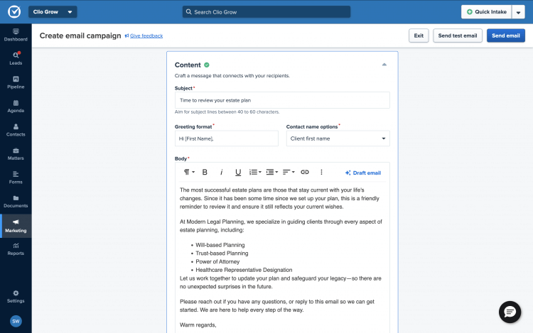 Clio Grow's email marketing software for lawyers