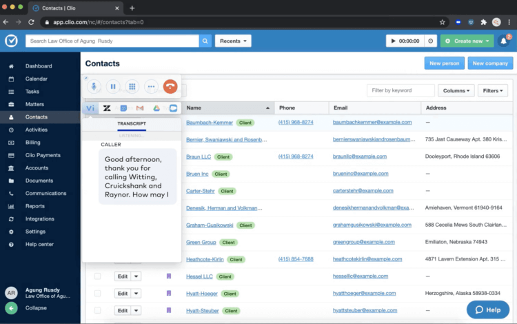 A screenshot of the Clio Manage contacts page integrated with Dialpad