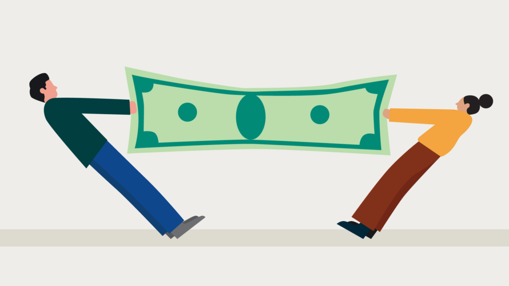 An illustration showing two people tugging on a bill of money