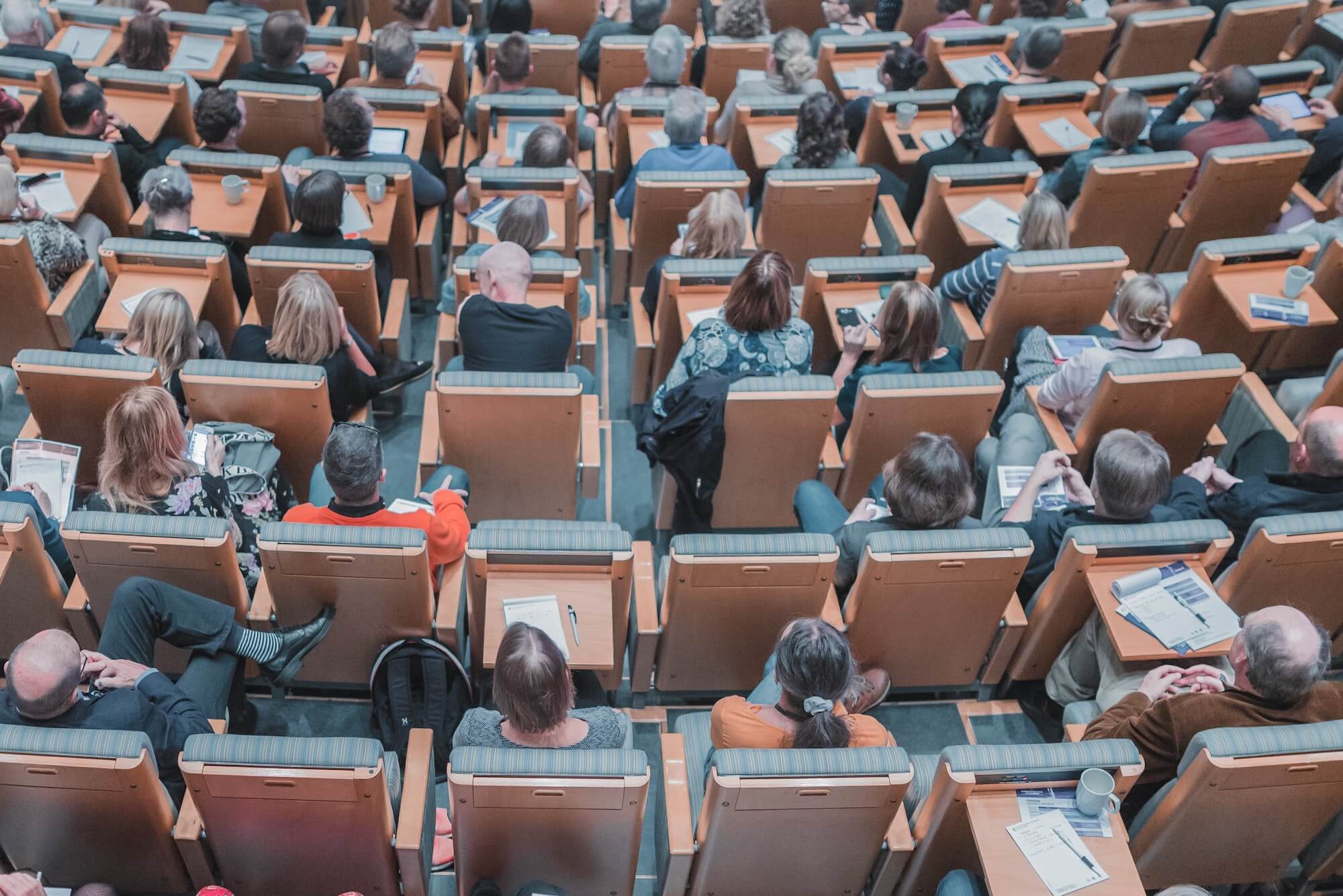 Law students gather in a lecture hall 
