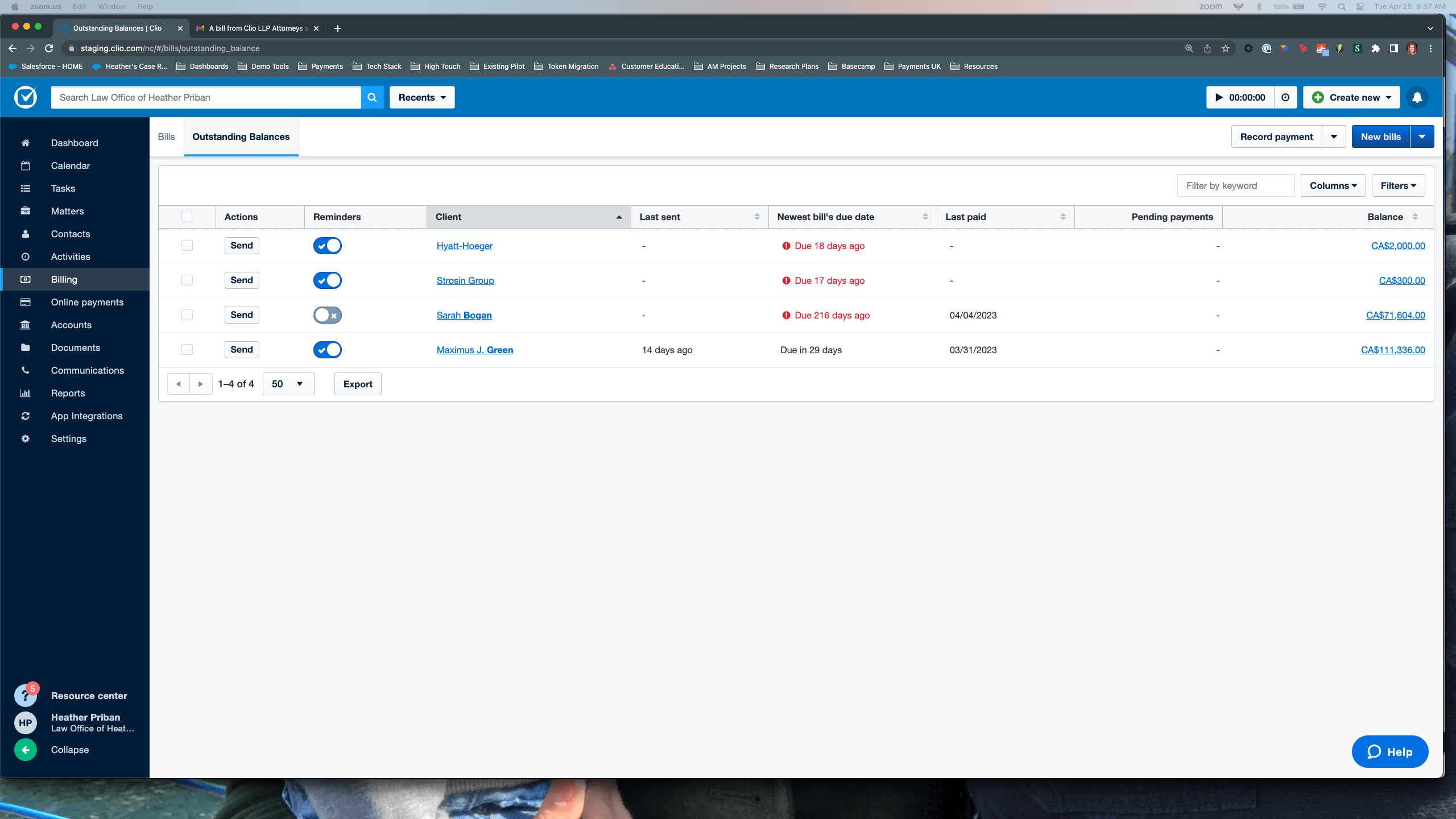 Billing reminders feature in Clio