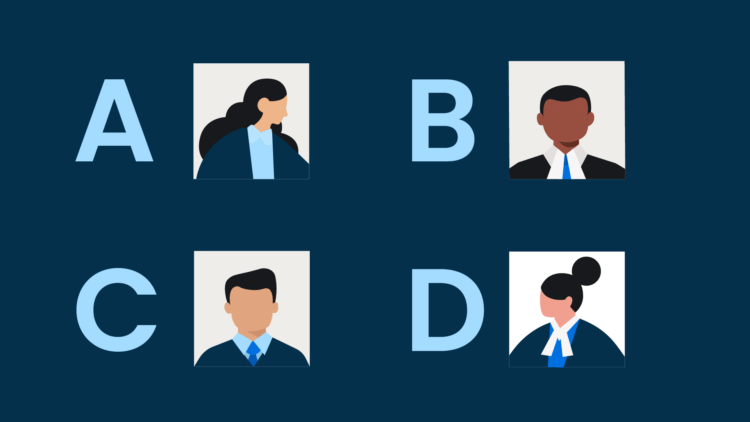 Multiple choice options from A to D for what type of lawyer should I be, with a different image of a lawyer as each option.