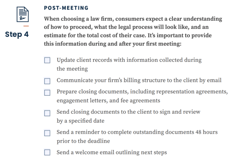 Image of post-meeting client intake checklist for law firms.