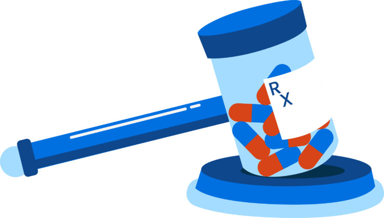 Clio's Personal injury case management software | Illustration of gavel merged with pill bottle
