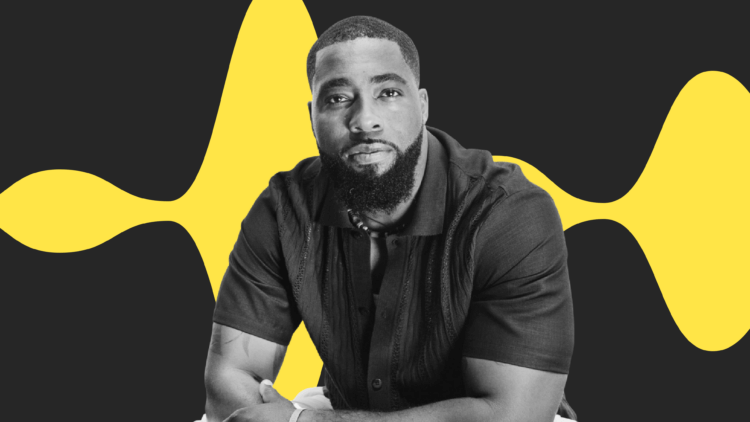 A black and white headshot of Brian Banks on front of a yellow sound wave graphic