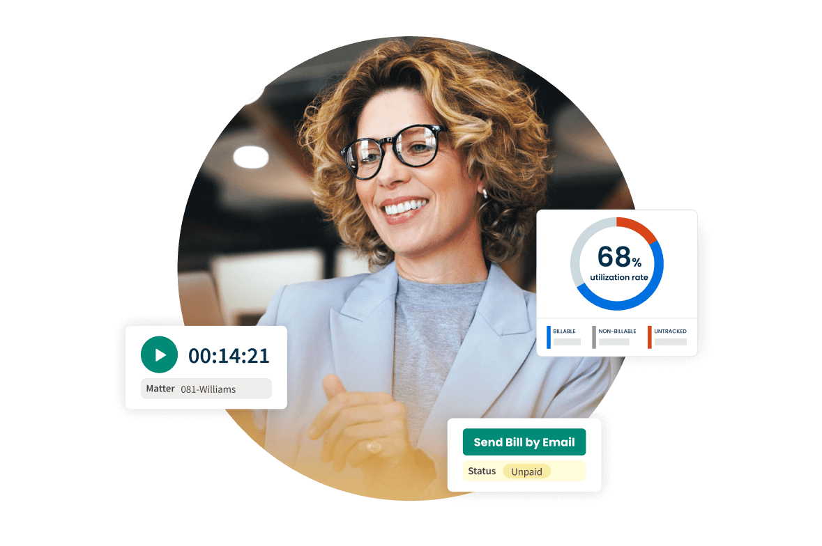 A lawyer stays organized with floating UI elements for case and task management.