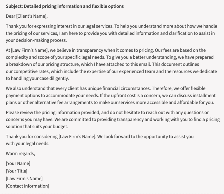 Image of email template for providing transparency regarding fees to new law firm client.