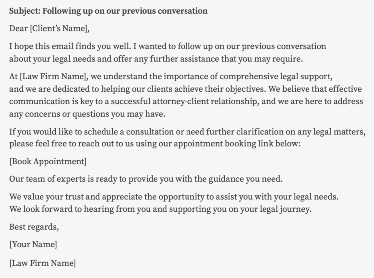 Image of email template for following up with law firm client to build trust.