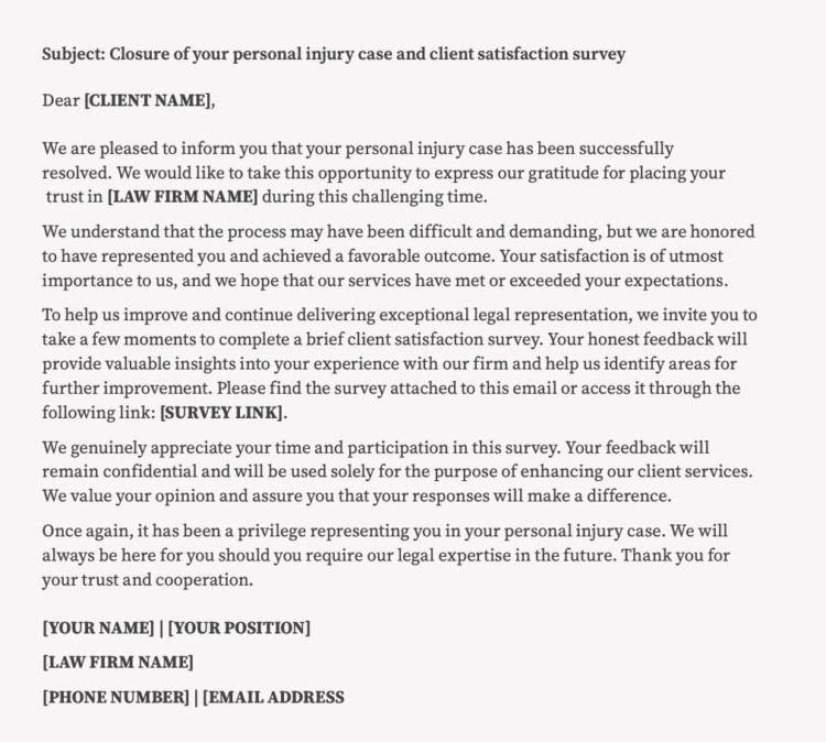 Email Template Closure of your personal injury case and client satisfaction survey