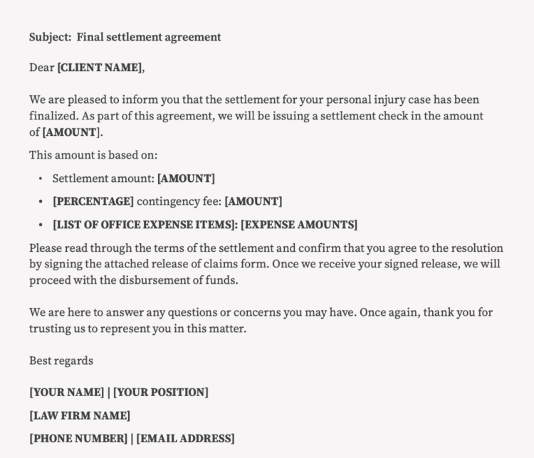 email template Final settlement agreement