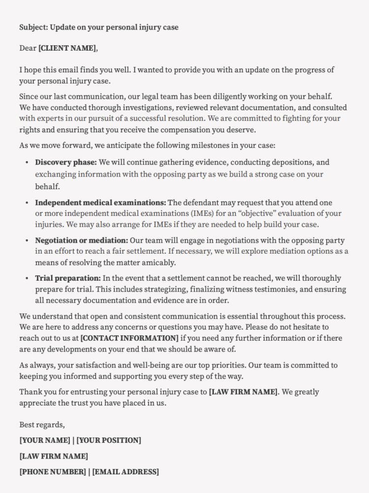 Email Template Update on your personal injury case