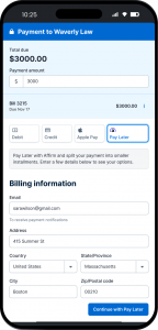 Product Screenshot Simplified Product UI Clio Manage Clio Payments NA Step 1 Select pay later image