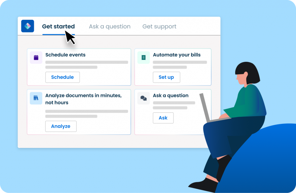 Illustrated person sits with a laptop next to a software window with a menu showing Get started, Ask a question, and Get support. Cards below have titles and buttons: Schedule events with Schedule button, Automate your bills with Set up button, Analyze documents in minutes, not hours with Analyze button, and Ask a question with Ask button.