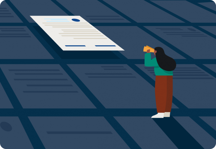 A stylized figure with long dark hair holds binoculars, looking up at a single floating document template on a grid of dark blue templates