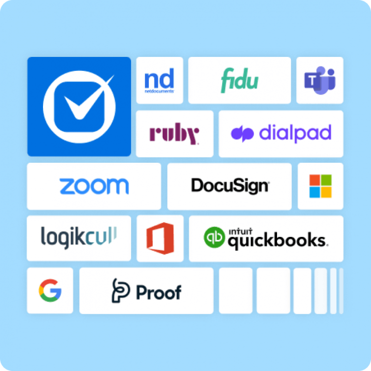 Logos of integration partners including NetDocuments, Fidu, Microsoft Teams, Ruby, Dialpad, Zoom, DocuSign, Microsoft Office, Logikcull, QuickBooks, Google, and Proof