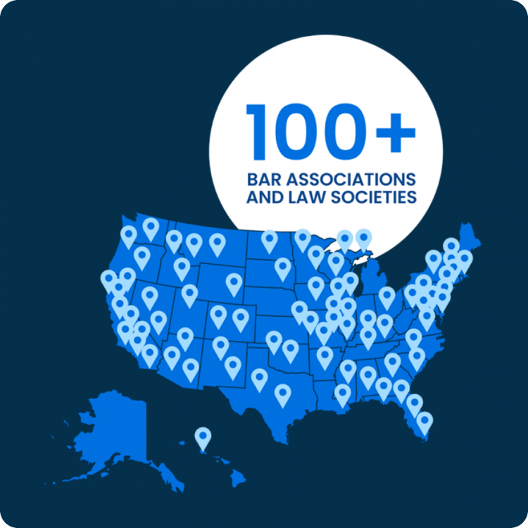 Map of the United States showing 100+ partnered bar associations and law societies