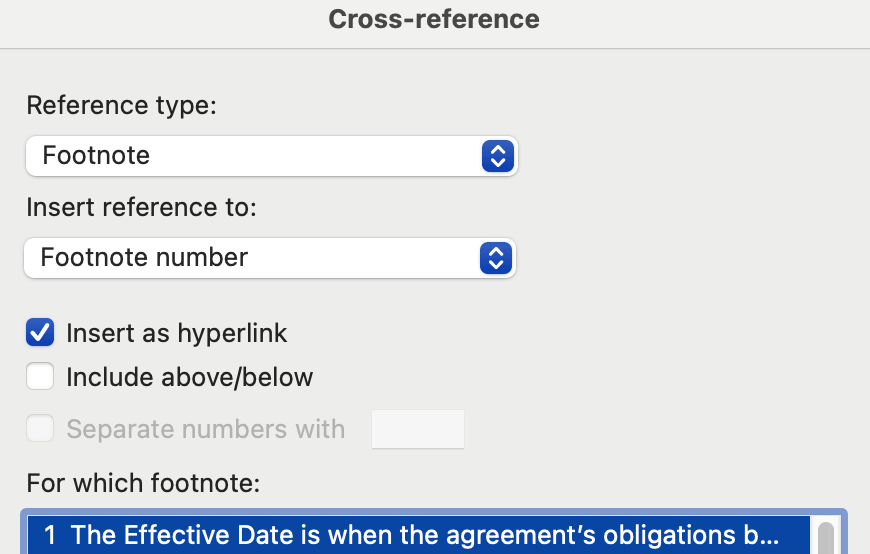 Cross-reference dialog set to Footnote and Footnote number