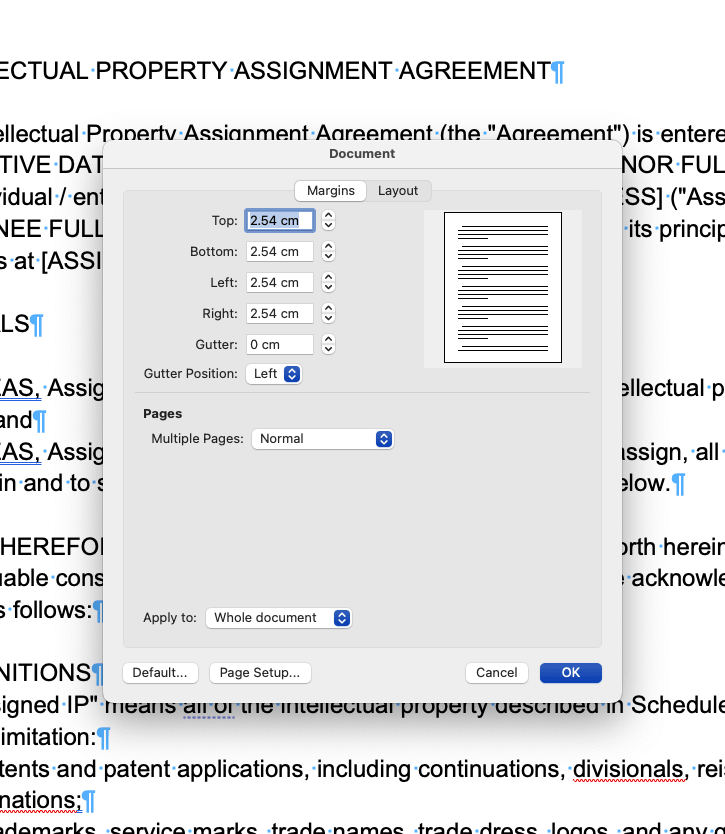 How to insert custom margins in a legal document in Word